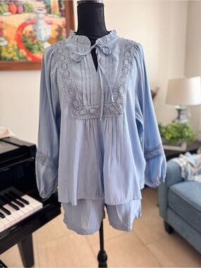 Women's Light Blue Lace-Trim Sleep Set